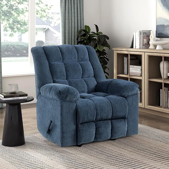 Lexicon Chenille Rocker Reclining Chair for Adults Rocker Pull Handle Recliner Nursery Chair for Living Room/Bedroom High Back Pillow Top Arms High Density Foam Cushions Blue