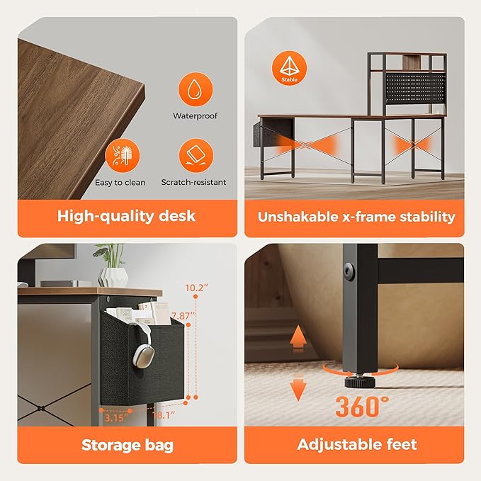 Mericonia 50 inch Large L Shaped Desk with Pegboard Hutch &amp Shelves Corner Gaming Desk with Power Outlet LED Light &amp Storage Bag Reversible Computer Desk for Home Bedroom Office Workspace