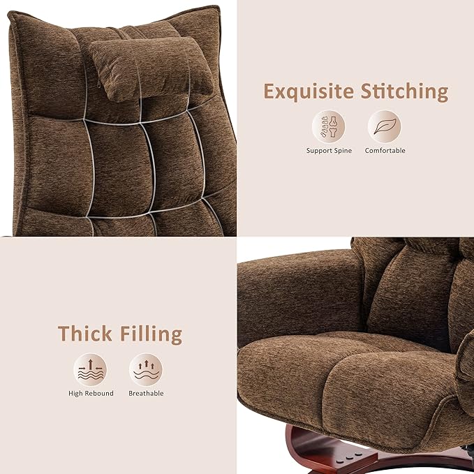 MCombo Swivel Recliner with Ottoman TV Chair Sets with Vibration Massage Ideal for Small Space Living Room &amp Bedroom 4188 4605 (Brown Base Brown)