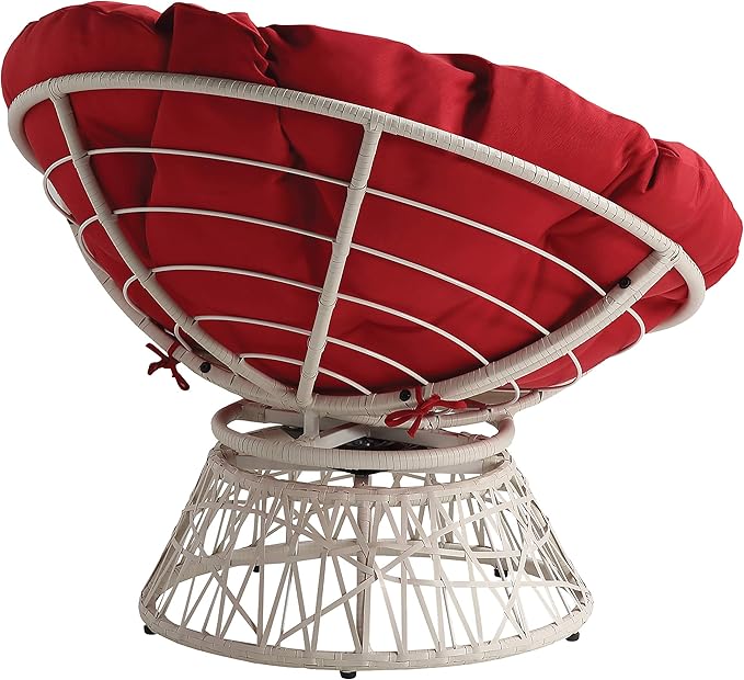 OSP Home Furnishings Wicker Papasan Chair with 360-Degree Swivel Cream Frame with Red Cushion