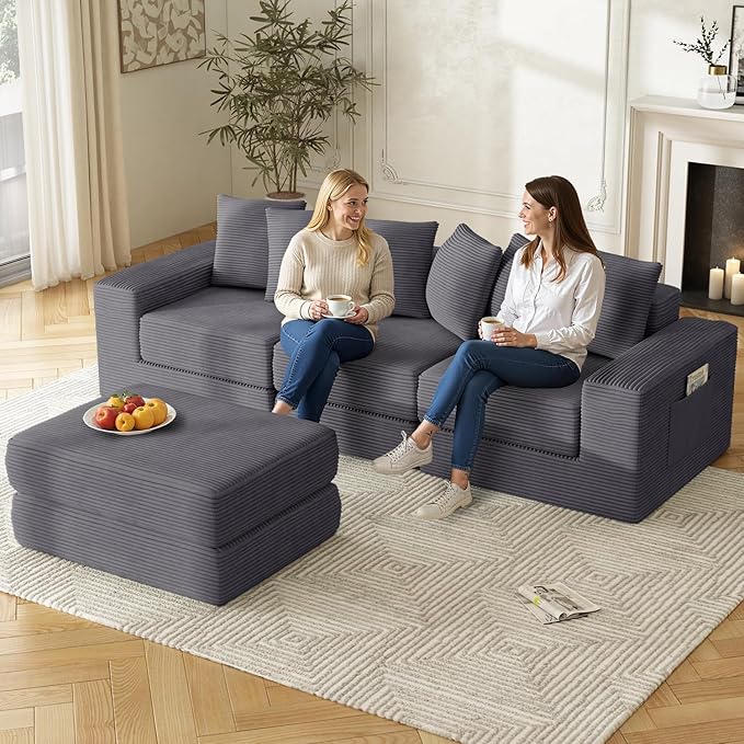 102 Sectional Couches for Living RoomCustomizable Boneless Couch Convertible Modular Sectional Sofa Bed Plush Corduory Sleeper Sofa Folding Futon L Shaped Couch No Assembly(Grey)