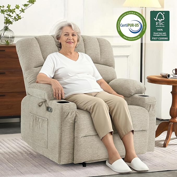 MCombo Power Lift Recliner Chair for Elderly Lift Chair with Heat and Massage Extra Wide Lift Recliner for Big People Fabric R7096 (Medium-Wide Beige)