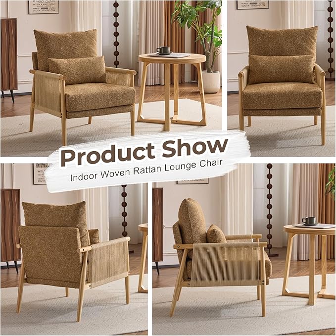 Karl home Cozy Chenille Accent Chair with Lumbar Pillow &amp Rattan Arms Modern Lounge Chair for Living Room Bedroom Reading Nook Khaki