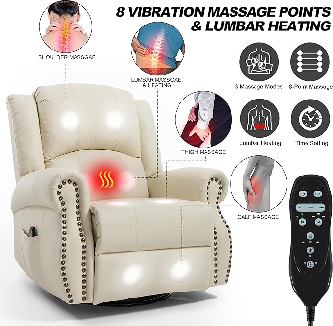 Leather Manual 360° Swivel Rocker Recliner for Adults Gulider Reclining Chair for Living Room with Vibration Massage and Lumbar Heat Side Pockets Faux Leather Beige