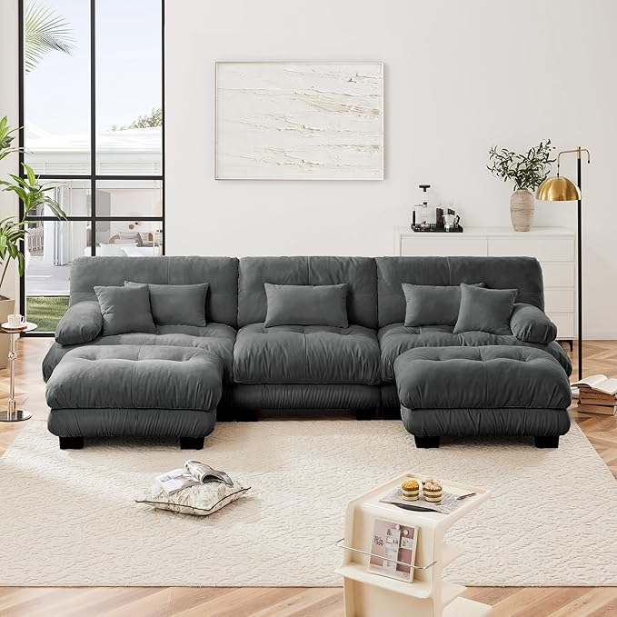 KEIKI 133 Sectional Sofa with Removable Ottomans Gray 5 Seat U Shaped Sleeper Cloud Couch Set Comfy Chenille Upholstered Modular SofaBed for Apartment Living Room Throw Pillows Dark Grey