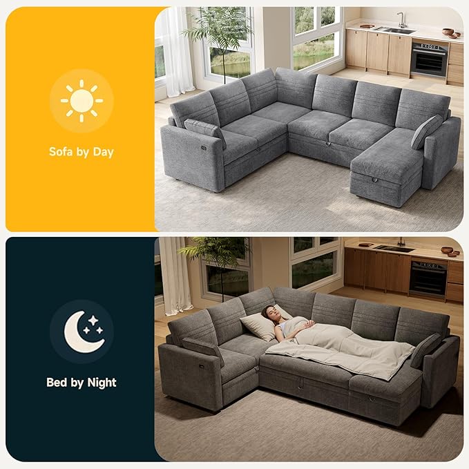 ONBRILL 105 Modular Sectional Sleeper Sofa with Pull Out Bed6 Seat Sectional Sleeper Sofa with Storage ChaiseUSB PortsModern U-Shaped Couches for Living RoomTool-Free AssemblyChenilleGrey