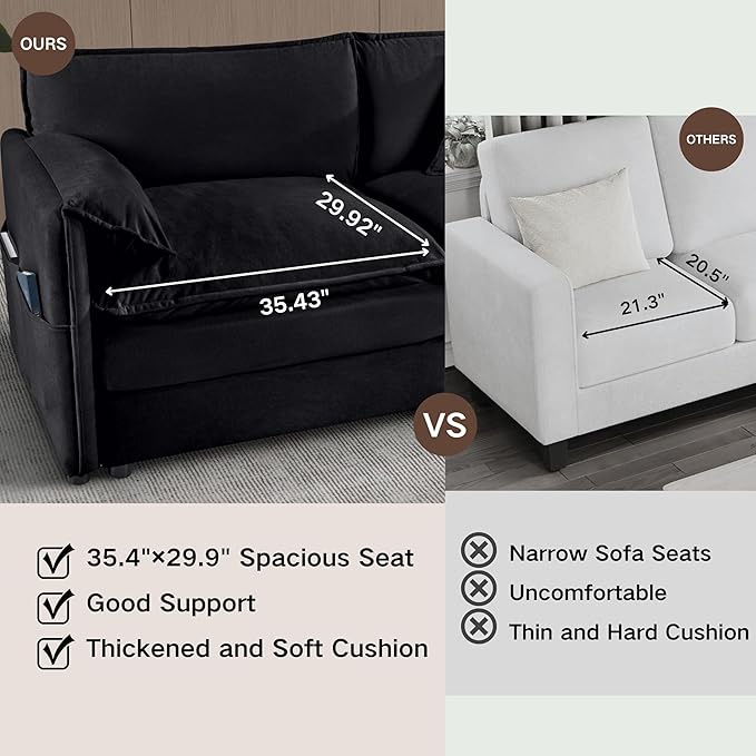 109 Modular Sectional Sofa with 2 Ottoman Chenille Cloud Couch for Living Room &amp Apartment Deep Seat Comfort Flexible U-Shape Combination Sofa for Home &amp OfficeBlack