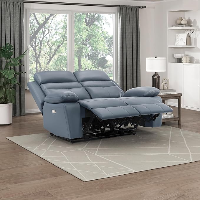 Lexicon 64 W Power Double Reclining Loveseat with USB Charging Port Wall Hugger Leather Match Reclining Love Seat for Living Room Apartment Easy Assembly Blue