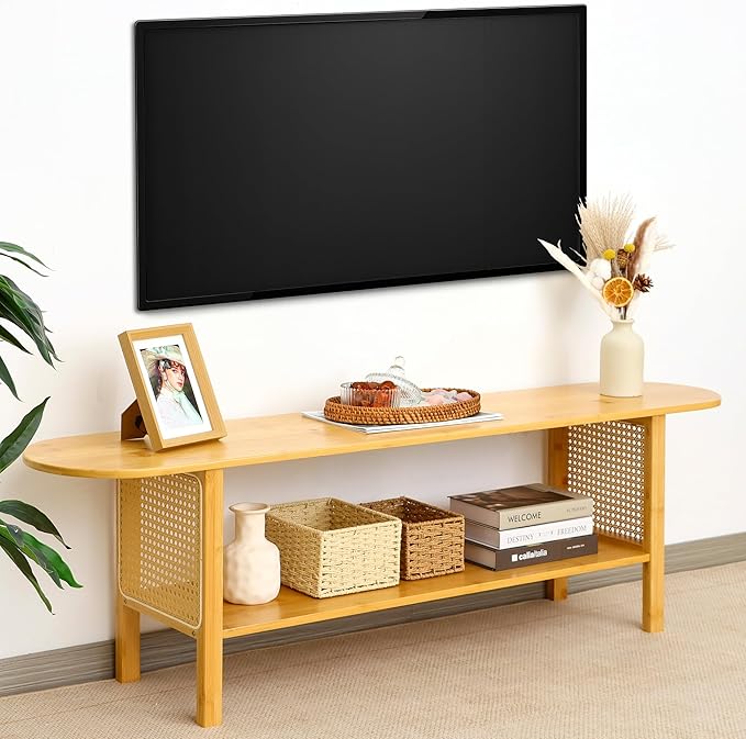 Bamboo TV Stand for TVs up to 65 Accent Entertainment Center with Storage Media Console Table with Rattan Modern TV Stand for Living Room Bedroom 55(L) Burlywood