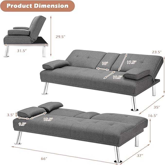 Giantex Modern Convertible Futon Sofa Bed Linen Upholstered Sofa Sleeper w/Metal Leg Removable Armrests 2 Cup Holders Backrest Adjustable Folding Sofa Bed for Apartment (Light Gray)