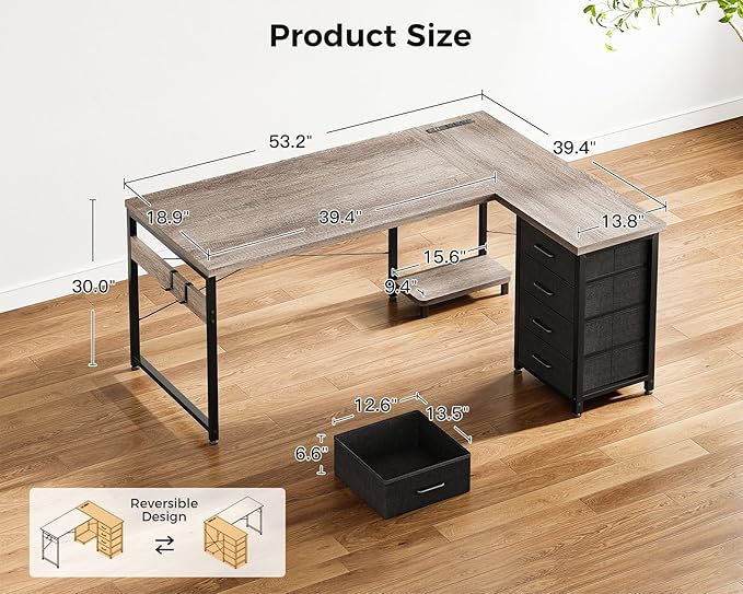 AODK L Shaped Gaming Desk with 4 Drawers 53 Reversible Home Office Desks with Power Outlets L Shaped Computer Desk with USB Charging Port and Host Stand Corner Desk Easy to Assemble Grey