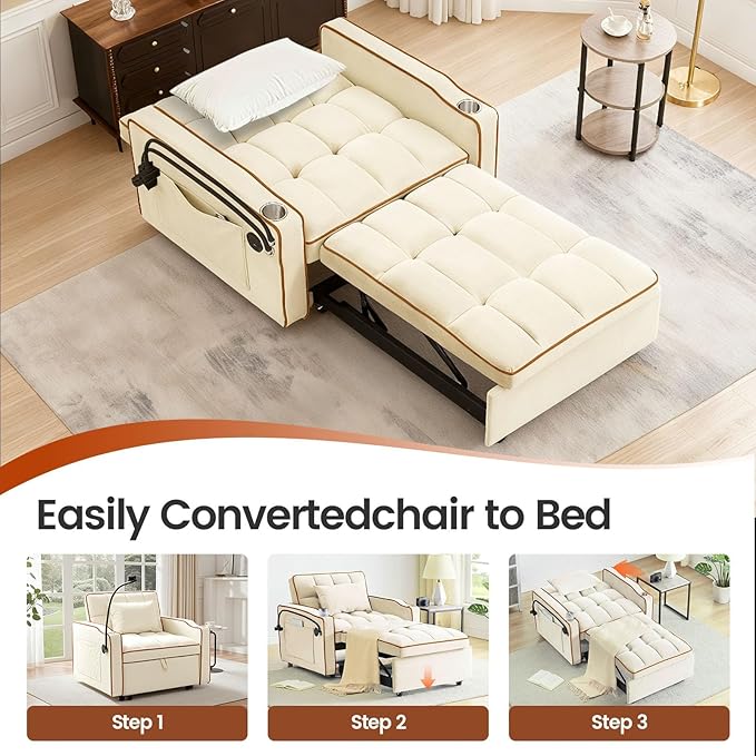 Convertible Sleeper Chair Chairs Bed Sleepers for Adults Pull Out Chair Sleeper with Bracket and Cup Holder 3 in 1 Sofa Bed Chairs for Small Spaces Living Room White
