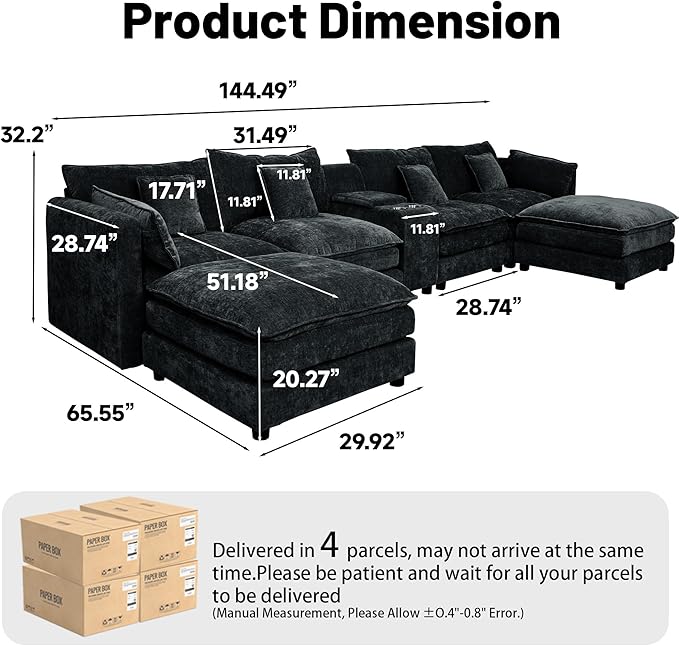 Oversized L-Shaped Modular Sectional Sofa with Storage Armrest Reversible Couch with Movable Ottoman USB Ports Cup Holders 360°Swivel Tray Comfy Cloud Cushions for Living Room (Black 144.49)