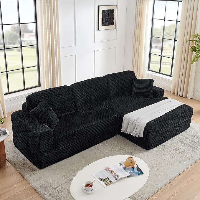 112.6” Modular Sectional Sofa Oversized Cloud L Shaped Couch Comfy Upholstered Corduroy Compressed Sofa with Right Facing Chaise and Wide Arms Fluffy Boneless Sofa Bed for Living Room Office Black