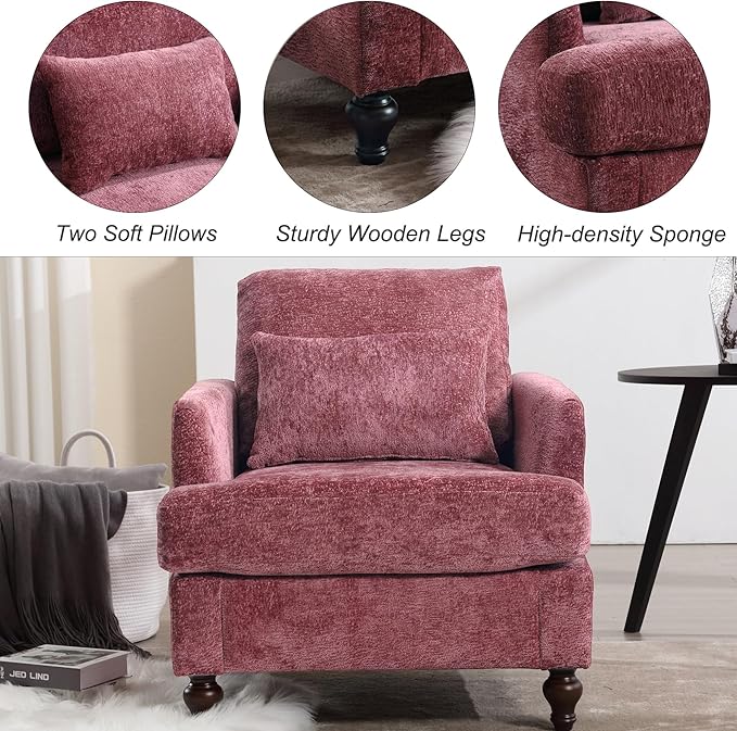 Chenille Sofas Couch for Living Room 29.5’’ Mid Century Modern Single Sofa Chair Small Cloud Couch with Deep Seats Comfy Accent Armchair for Living Room Apartment Bedroom Wine Red