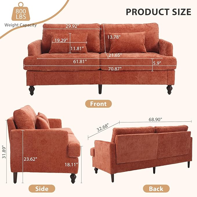 69” Modern Chenille Loveseat Sofa Couch Upholstered 2 Seat Love Seat Deep Seat Small Couch with 2 Pillows and Sturdy Wood Legs for Living Room Bedroom Apartment (Orange)