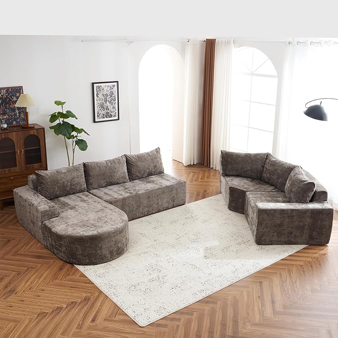 Modular Sofa Set 141.7 Oversized Sofa Cloud Sectional Sofa Set 5 Seat Upholstered Couches U-Shaped Sofa with Deep Seat Chenille Fabric Convertible Sleeper Couches for Living Room(Brown/145)