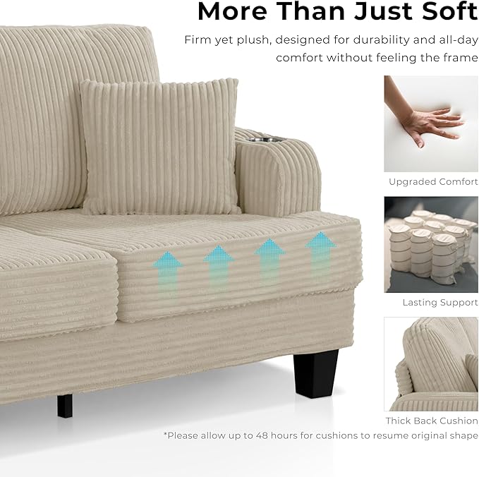 Homes: Inside + Out Reese Modern Plush Chenille Couch with Side Pockets Cup Holders and USB Ports Wooden Comfortable Sofa for Living Room Bedroom and Office Black