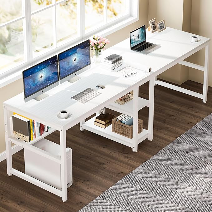 Tribesigns Two Person Desk with Bookshelf 78.7 Computer Office Double Desk for Two Person Rustic Writing Desk Workstation with Shelf for Home Office (White)