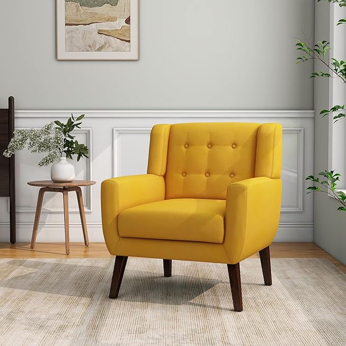 Accent Chair Mid-Century Modern Fabric Chairs with Arms for Living Room Comfy Upholstered Club Single Sofa Armchair for Bedroom Waiting Room with Solid Wood Frame (Fabric Yellow Set of 2)