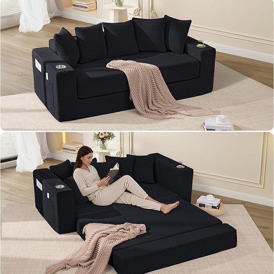 76 Convertible Sofa Bed 3-in-1 Loveseat Folding Couch with Cup Holder &amp Pocket Corduroy Boneless Pull-Out Sofa with 5 Pillows Deep Seat Futon for Living Room Apartment No Assembly Needed Bl