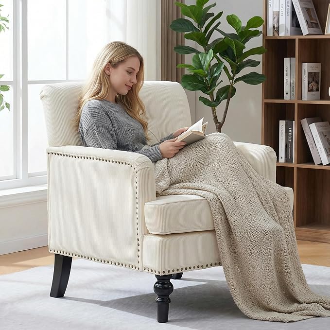 Tufted Club Chair Accent Chair Upholstered Button Armchair with Lumbar Pillow Linen Fabric Sofa Chairs for Bedroom Living Room Mid Century Modern Reading Chair with Studded Beige