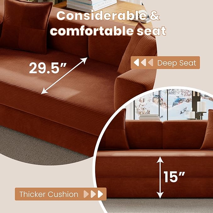 Belhome 78.8 Convertible Sofa Bed Futon Sofa Bed with Side Pocket Corduroy Pull Out Futon Sofa Boneless Couch for Living RoomsNo Assembly Required Orange