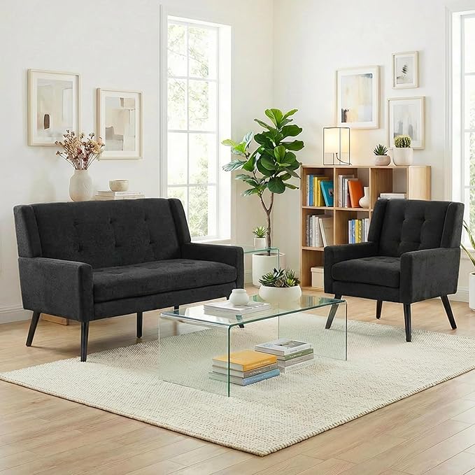 Mid-Century Modern 47 Small Loveseat &amp Accent Chair Combo Set Plush Linen Fabric with Button Tufted High Back &amp Solid Wood Legs for Apartment Living Room Bedroom Home Office (Black 2-Pie