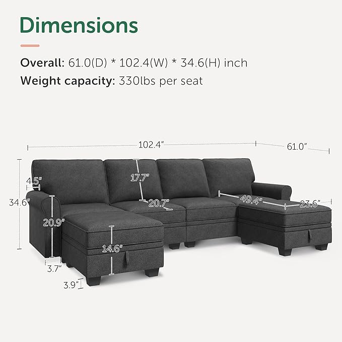 HONBAY Sectional Sofa with Storage Seat U Shaped Sectional Couch with Reversible Chaise Convertible Sectional Couches for Living RoomDark Grey
