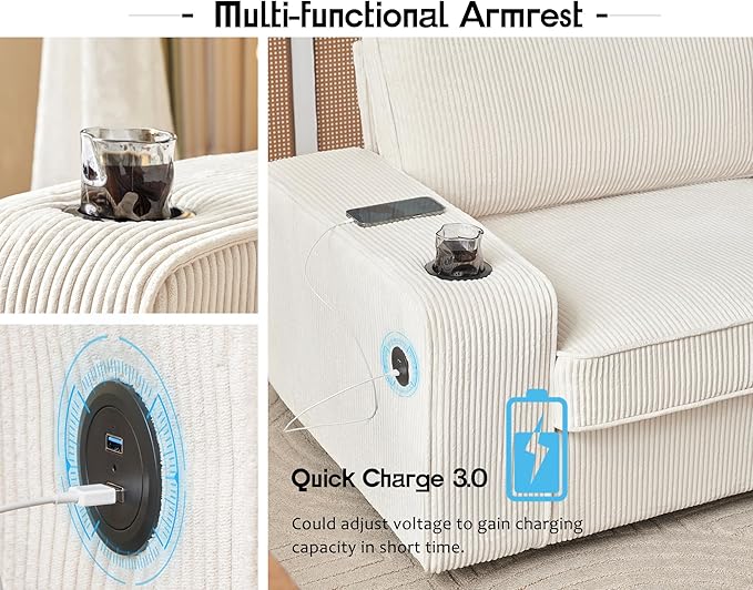 AMERLIFE Bouclé Sofa Chair Modern Comfy Couch with Cup Holders &amp USB Charging Ports for Living Room Off-White Upholstered Couch