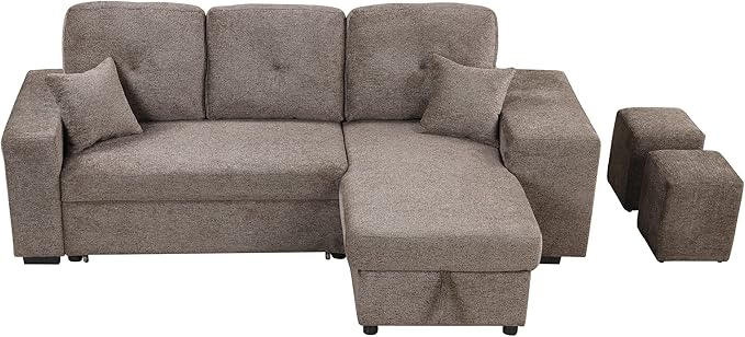 LUMISOL Reversible L-Shape Sectional Sofa with Side Shelf and 2 Stools Pull-Out Sleeper Sofa Bed with Storage Chaise Left/Right Hande for Living Room Apartment Knox Charcoal