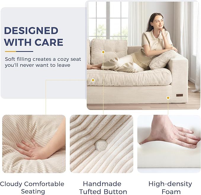 MAXYOYO Modern 3-Seater Sofa Couch Luxury Upholstered Living Room Sofa in a Box Soft High-Density Foam Lounger with Pillows Boneless Couch for Apartment Lounge Room
