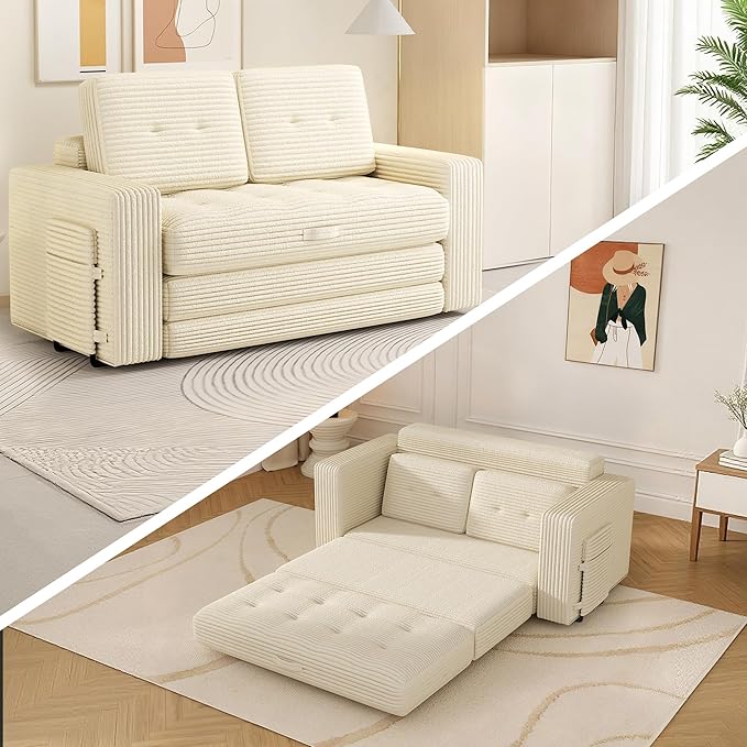 Convertible Boneless Sofa Bed 2 in 1 Pull Out Loveseat Sleeper Sofabed Folding Couch Bed with Pillows for Living Room Bedroom Small Space Beige