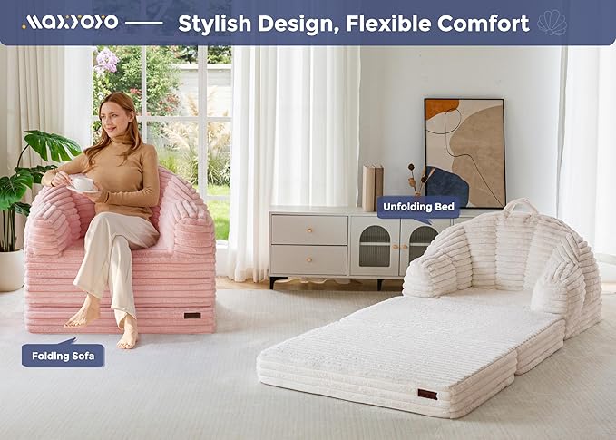 MAXYOYO Folding Sofa Bed 2 in 1 Convertible Sofa to Lounger Comfy Faux Fur Bean Bag Chair for Adults Floor Single Sleeper Couch Chair with Handle Couch Bed for Living Room Bedroom Pink