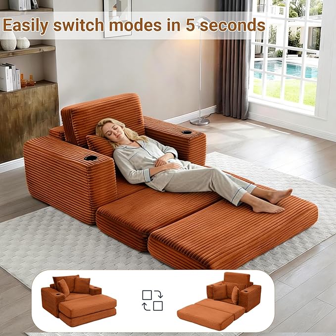 53 Oversized Chaise Lounge Chair Indoor Modular 3-in-1 Corduroy Boneless Chair Cloud-Like Cozy Comfy Sofa Bed Sleeper Couch for Reading Living Room Bedroom Orange