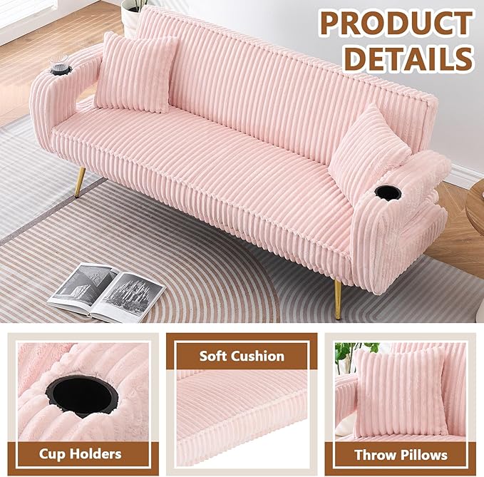 70 Beige Futon Couch Bed Sofa Comfortable Futon Loveseat with Cupholders &amp Arms Convertible Fouton Sofas with Adjustable Backrest &amp Pockets for Small Spaces Living Room Bedroom Dorm (Pink)