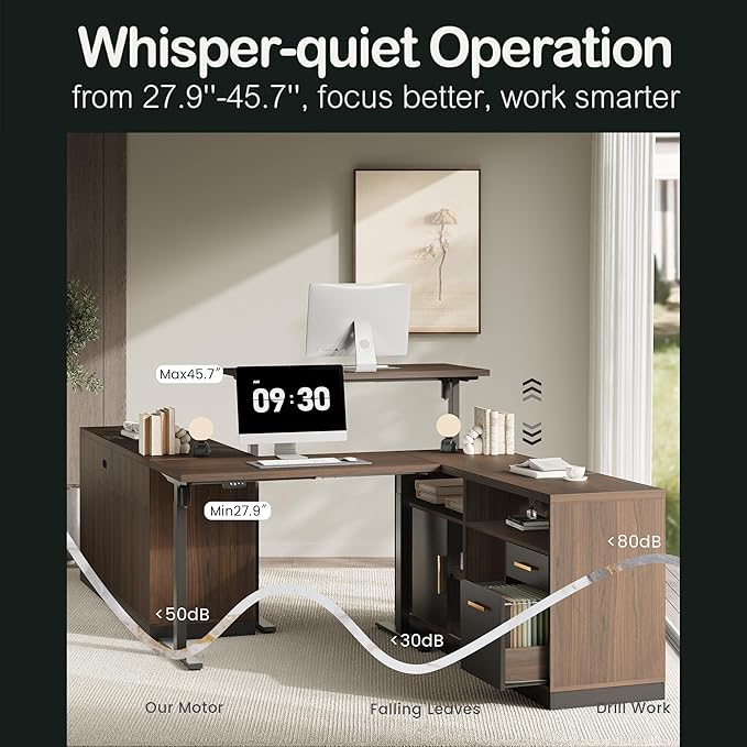 Home Office Furniture Set 114 Standing Desk with 2 File Cabinets AC/USB Extra Long Double Desk for 2 Person Electric Height Adjustable for Home and Office Black Walnut