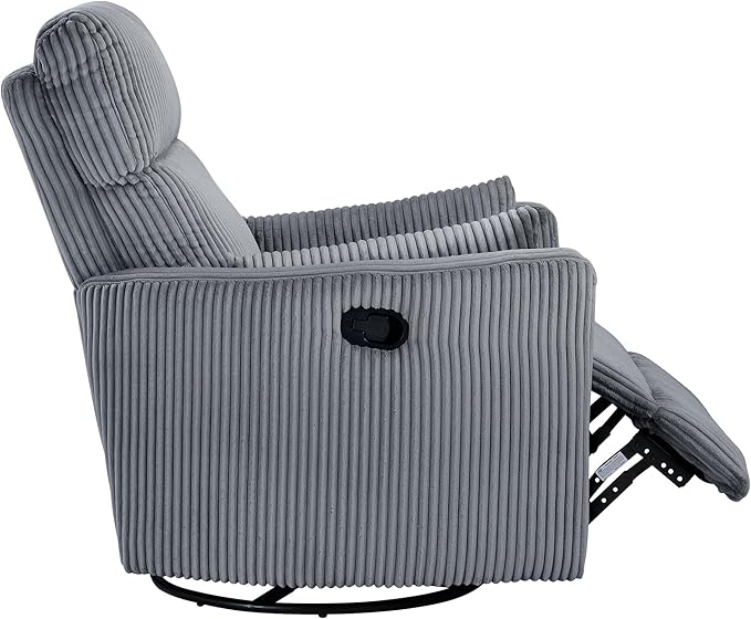 Lexicon Modern Swivel Glider Recliner Chair Nursery Glider Corduroy Fabric Upholstery Recliner with 2 Lumbar Pillows Manual Reclining Sofa Chair for Living Room/Office/Apartment Grey