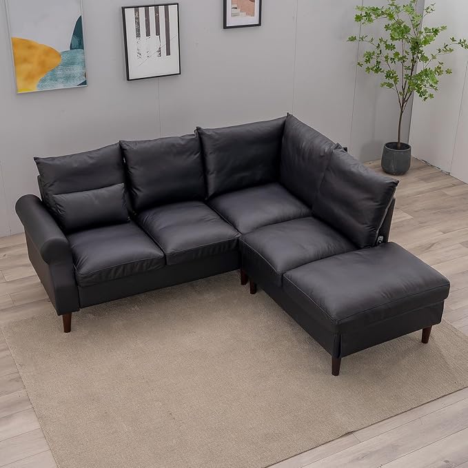 Panana Upholstered Sofa Couch Linen Fabric/Artificial Leather L Shaped Corner Sectional Modern Living Room Sofa (Black Faux Leather 5 seat Right Corner with Built-in USB Port)