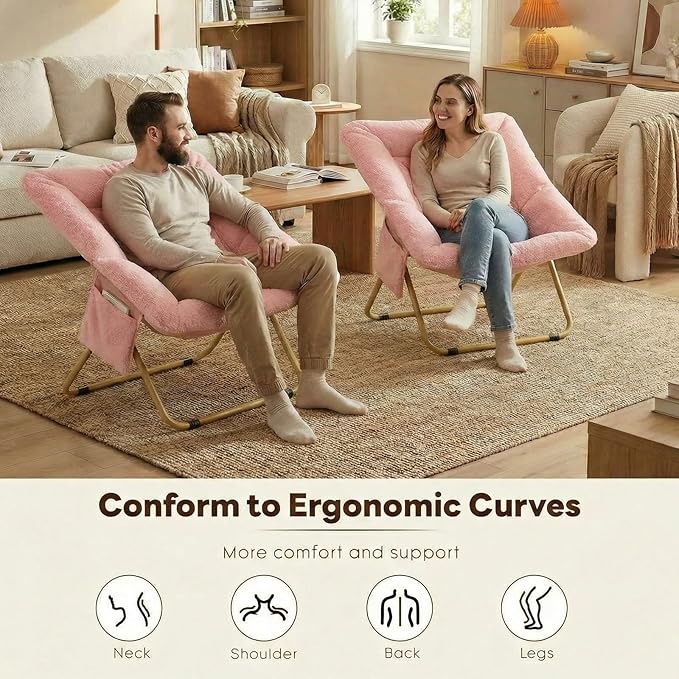 Folding Saucer Chair Comfy Reading Chair with Soft Thick Padded Seat Plush Faux Fur Lounge Chair for Small Space Bedroom Dorm Living Room X-Large Lazy Chair for Adults Teens Kids