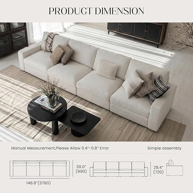Cloud Couch Sectional 146.5'' Oversized White Modular Cloud Sofa with Storage Ottoman Deep Seating with Washable Covers Cloud Couches for Living Room 4 Seater