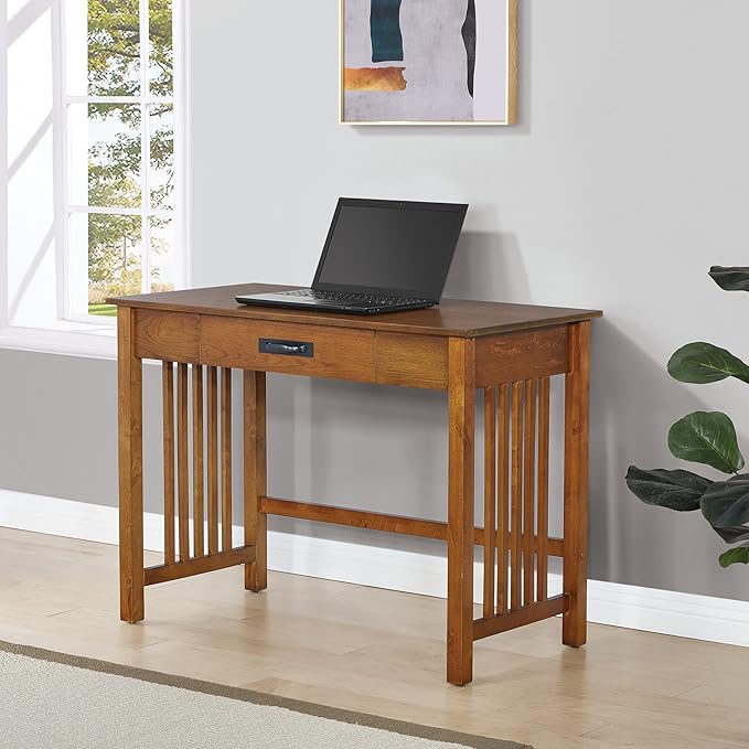 OSP Home Furnishings Sierra Writing Desk with Pull-Out Drawer and Mission Style Side Panels Ash Brown