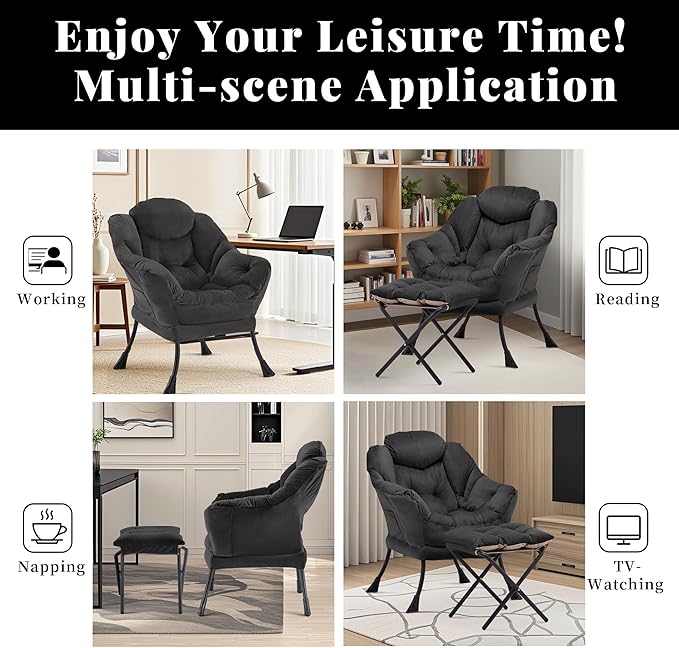 Lazy Chair with Ottoman Comfy Accent Lounge Chair with Side Pocket Modern Reading Armchair with Footrest Upholstered Sofa Chair for Small Spaces Bedroom Living Room Dorm Black