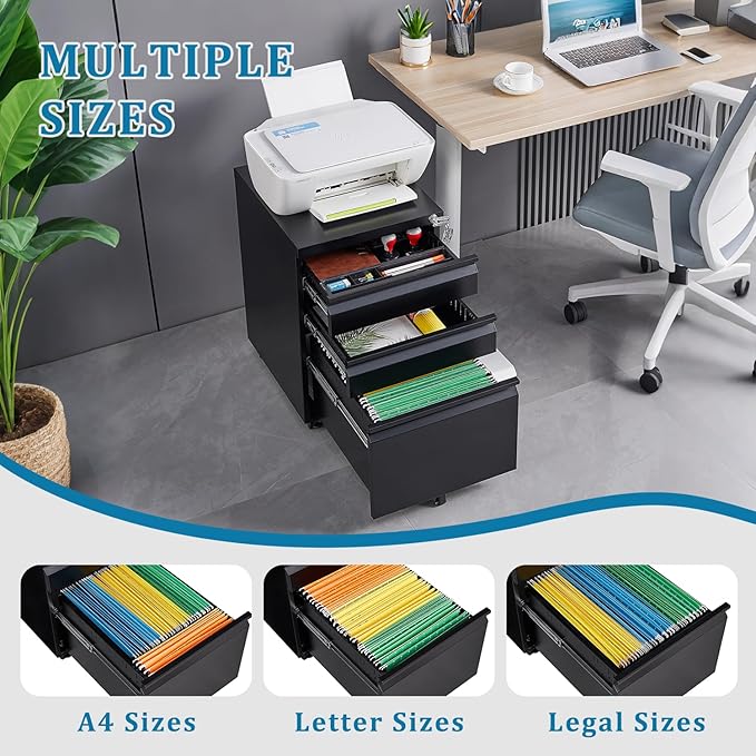 3 Drawer Mobile File Cabinet Under Desk Office with Lock Metal Filing Cabinet to be Installation Required Under Desk Metal Filing Cabinets Legal/Letter/A4 File (Black)