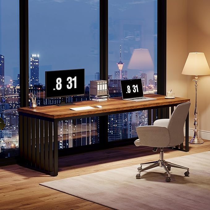 Tribesigns 2-Person Desk with Metal Frame 78.74 Double Desk for Two People Industrial Long Computer Writing Table for 2 People Home Office (Oak)