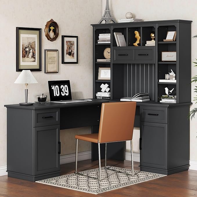 L-Shaped Gaming Desk with Hutch Corner Desk with Drawers and Cabinet Home Office Computer Desk with Open Storage Shelves Multi-functional Writing Desk for Study Room Bedroom Living Room Black