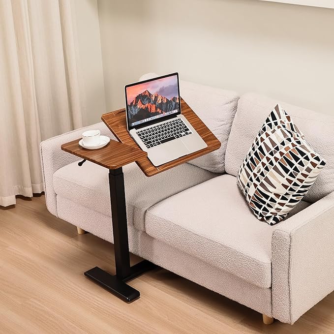Adjustable Overbed Bedside Table with Hidden Wheels Pneumatic Tilt Board Rolling Laptop Standing Desk Cart Mobile Over Bed Sofa Chair Side End Tables Walnut (Walnut)