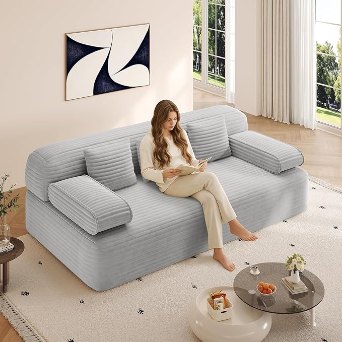 2-in-1 Convertible Folding Futon Sofa Bed with Reversible Backrest &amp Pillows 78 Corduroy 3-Seater Cloud Boneless Couch Comfy Modern Floor Couch Bed for Living Room Bedroom No Assembly(Light G