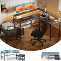 Marsail L-Shaped Computer Desk with Monitor Raiser &amp Printer Stand Home Office Corner Desk with Power Outlets &amp LED Light Ergonomic Gaming Desk with Cable Management Tray Hooks Grey