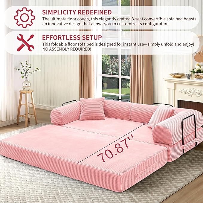 Convertible Sleeper Sofa Bed 1600lbs Weight Capacity Floor Sofa Bed with Fixed-Shape Frame Corduroy Foldable Couch for Small Space Lounge Mattress for Living Room Apartment Game Room (Pink)